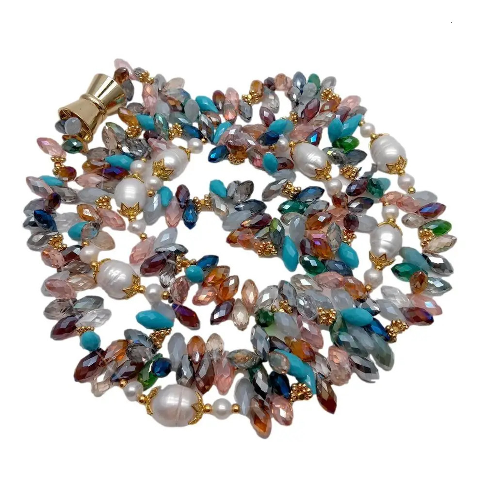 YYGEM Natural Cultured Freshwater White Rice Pearl Multi Color Top-Drilled Teardrop Crystal Long Necklace 49" 231225