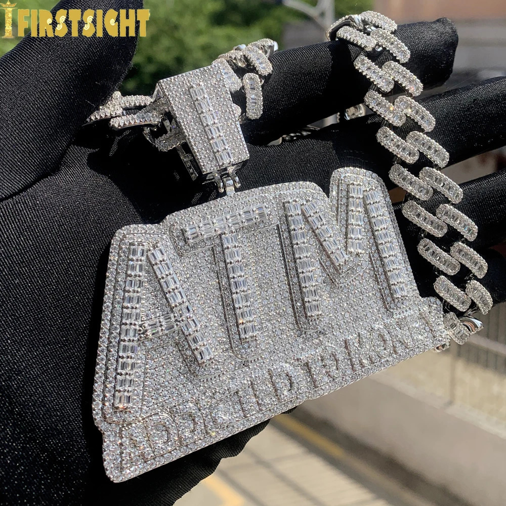 Iced Out Bling Letters ATM Addicted To Money Pendant Necklaces Silver Color Rectangle CZ Zircon Charm Men's Hip Hop Jewelry 231225