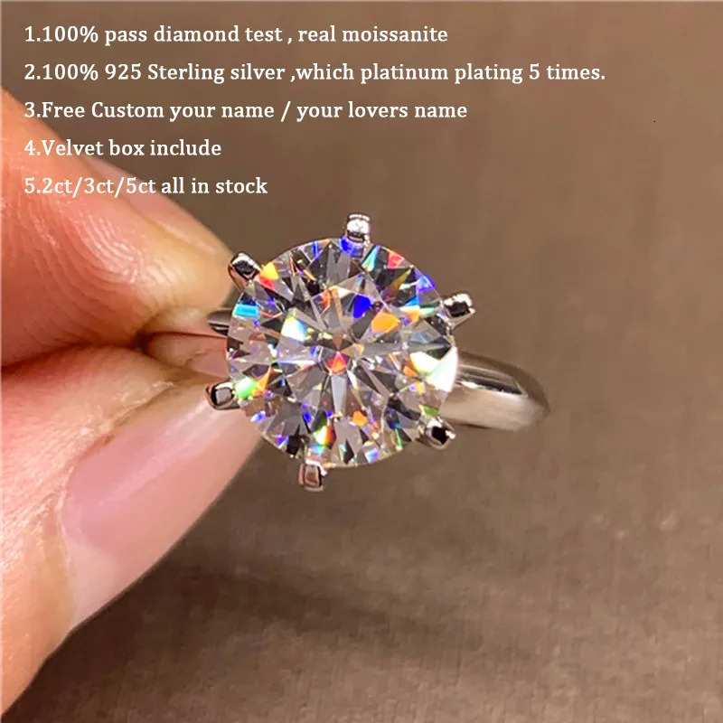 Classic 6 Prongs 5 Carat Round Ring Sterling Silver Plated 14K Gold High Clarity D Color Diamond Rings Woman Jewelry 231225