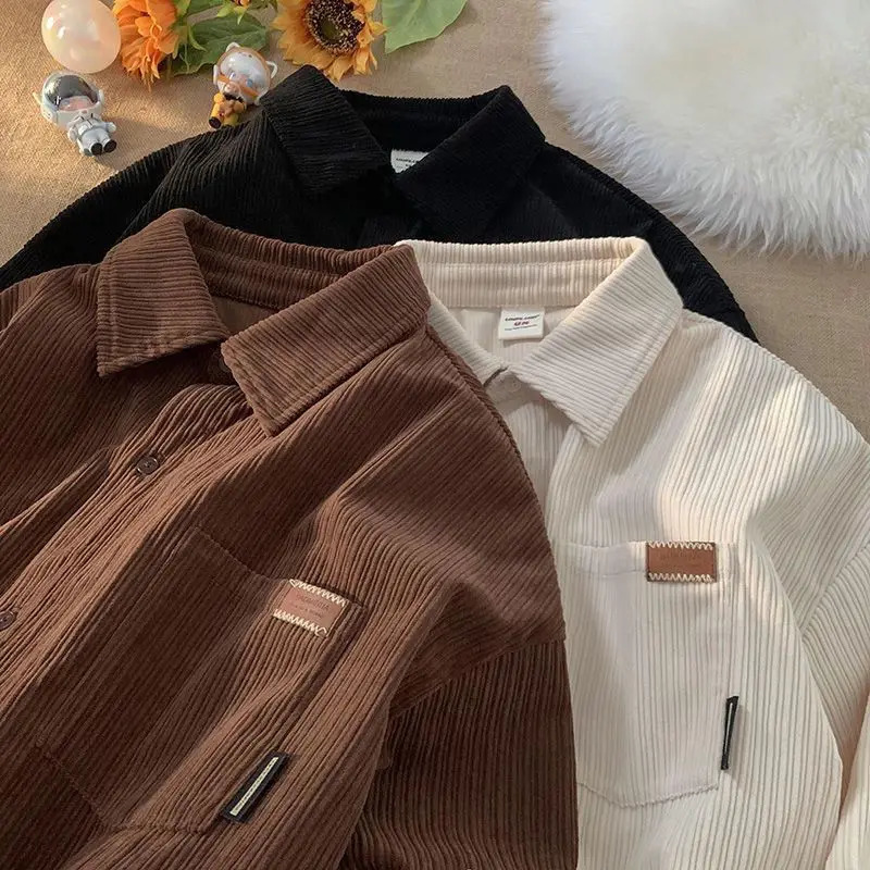 Corduroy Long Sleeve Polo Shirts for Men Fashion Retro Autumn and Winter Loose Harajuku Casual Shirt Coat Clothing 231225