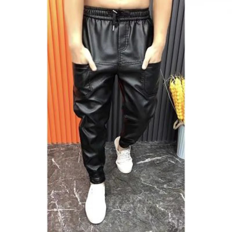 Men Leather Pants Elastic Waist Faux Joggers Zipper Pockets Black Streetwear Slim Pencil Pant Clothing 231225