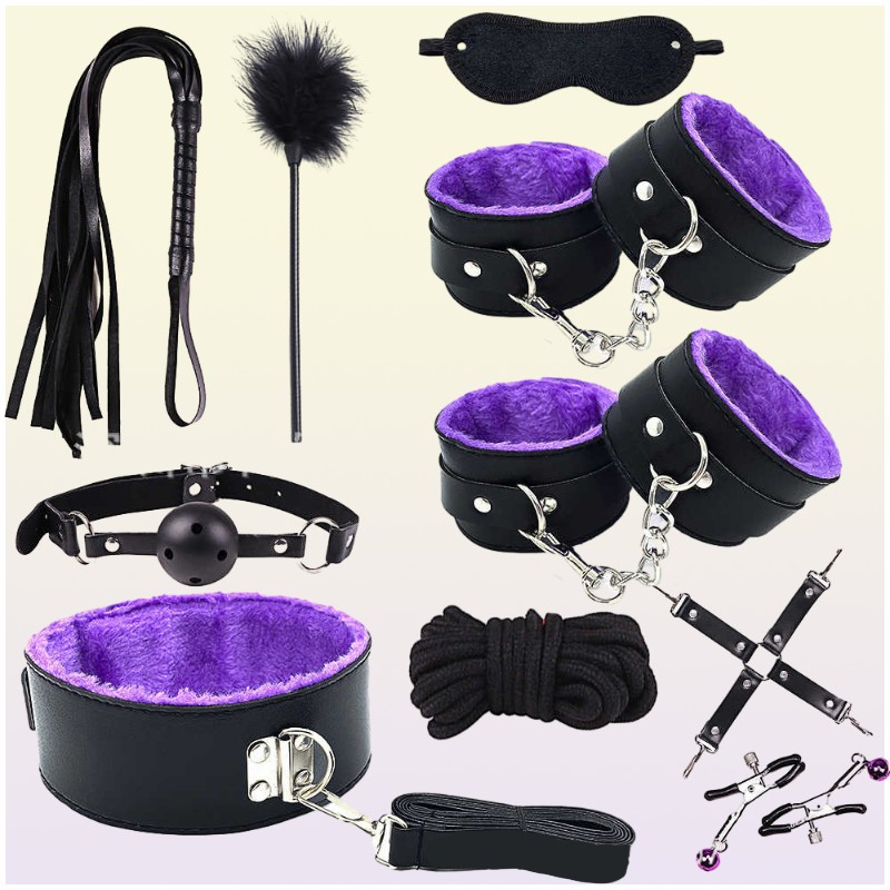 Fun Products Sliding Leather Sm Plush 10 Piece Set of Handcuffs and Foot Cuffs Binding Multiple Sets Alter Toys 3KN26266551