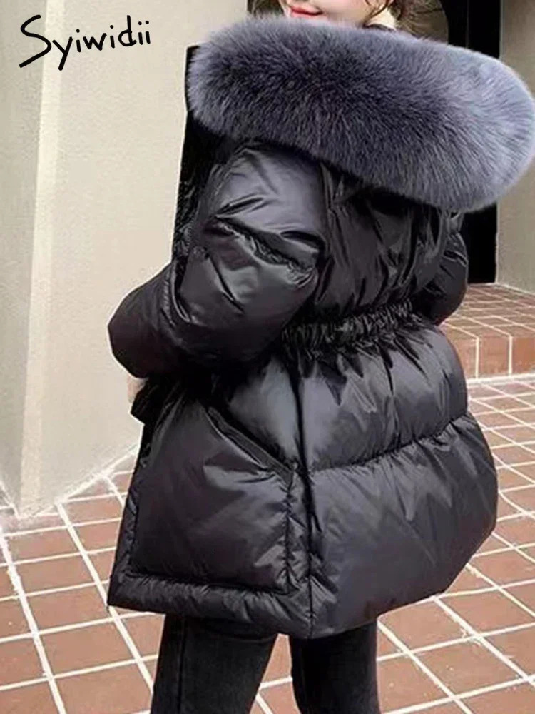 Syiwidii 90 Duck Down Jacket Women Hooded Coat Windproof Belted Thick Belted Fur Collar Solid Zippers Warm Fashion Clothing 231226