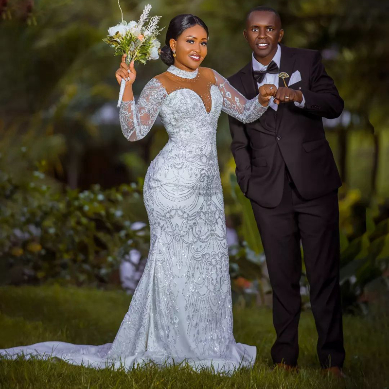 African Arabic Aso Ebi Wedding Dress for Bride Illusion Trumpet Bridal Dresses High Beaded Neck Long Sleeves Lace Mermaid Marriage Gowns for Black Wom