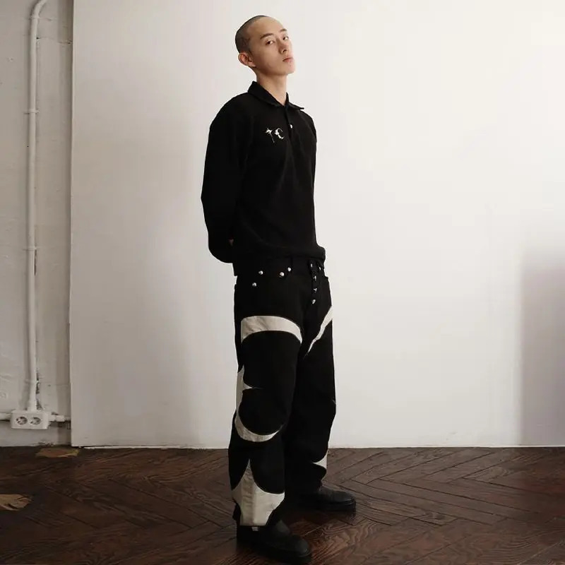 Y2k Men Black Baggy Jeans Spliced Leather High Street Loose Straight Casual Trousers Hip Hop Harajuku Pants Streetwear 231225