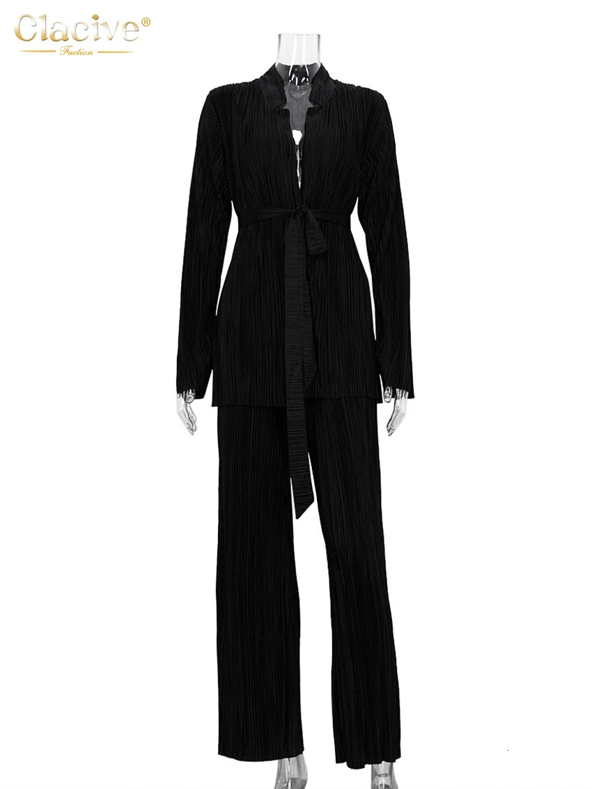 Clacive Autumn Green Pleated Pants Set Bodycon Slit Trosuer Suits Fashion Lace-Up Long Sleeve Blazer 2 Piece Sets Womens Outfits 231225