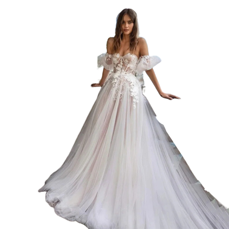 Boho Beach A Line Wedding Dress Off The Shoulder Short Sleeves Long Tulle Bridal Gowns Lace Appliques Sweetheart Neck Summer Illusion Vestido De Novia