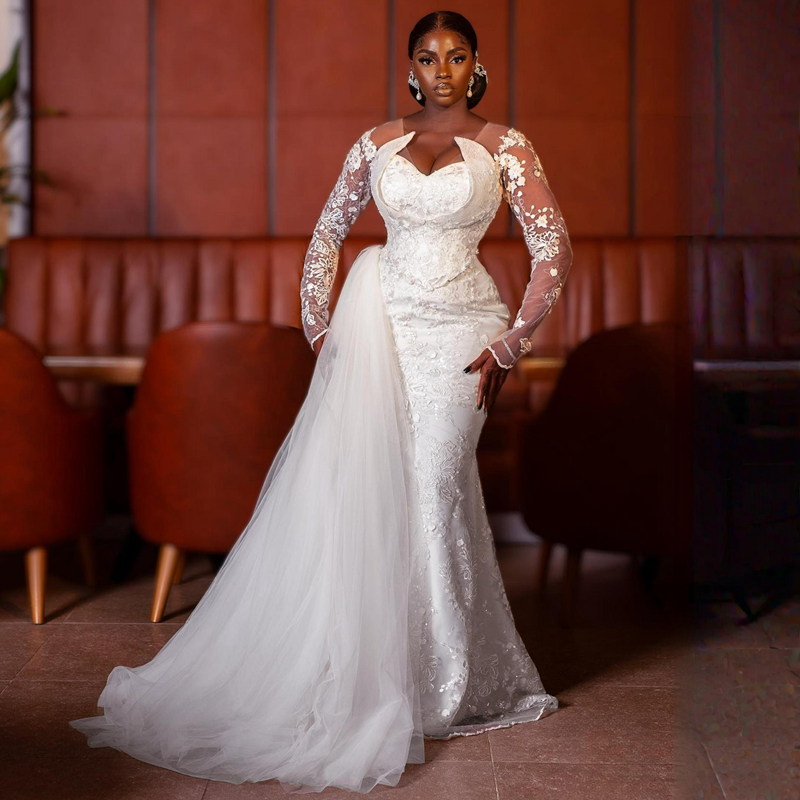 Illusion Trumpet Wedding Dress for Bride V Neck Long Sleeves Lace Mermaid Bridal Gowns with Detachable Tulle Train African Arabic Country Style Beach 