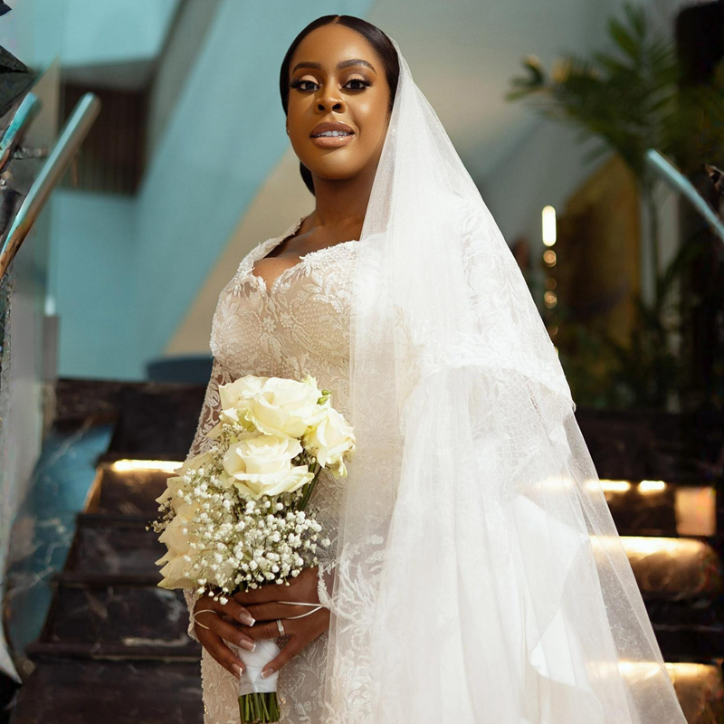 R&W Illusion Trumpet Wedding Dress Bride Elegant Long Sleeves Mermaid Bridal Gowns with Detachable Train for African Arabic Black Women Gorgeous Marri