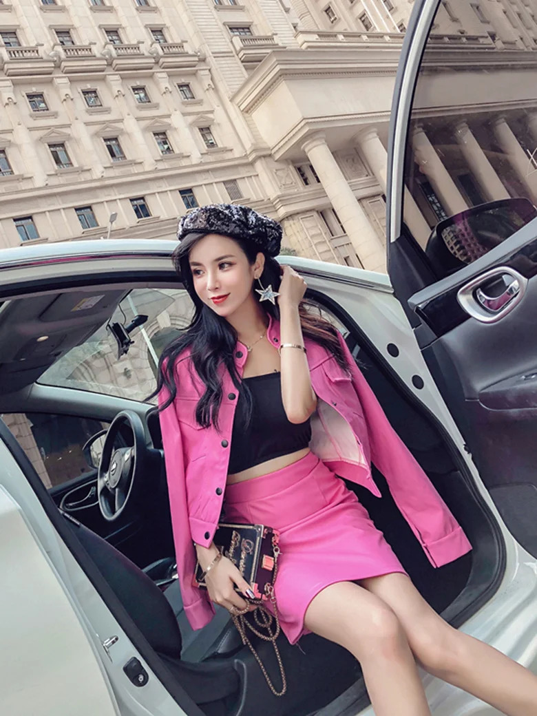 2 Pieces sexy skirt leather Sets women ladies PU Leather jacket and skirt Feminina Buttons long sleeve coat high waist skirt 231226