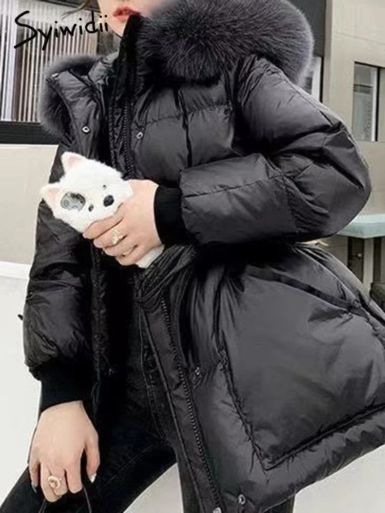 Syiwidii 90 Duck Down Jacket Women Hooded Coat Windproof Belted Thick Belted Fur Collar Solid Zippers Warm Fashion Clothing 231226