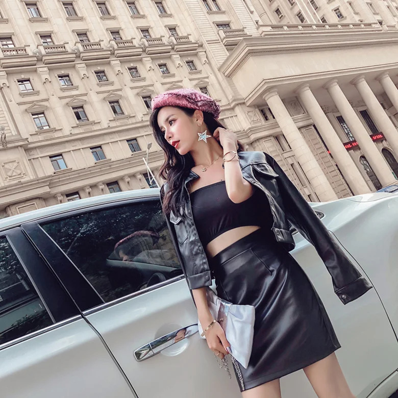 2 Pieces sexy skirt leather Sets women ladies PU Leather jacket and skirt Feminina Buttons long sleeve coat high waist skirt 231226