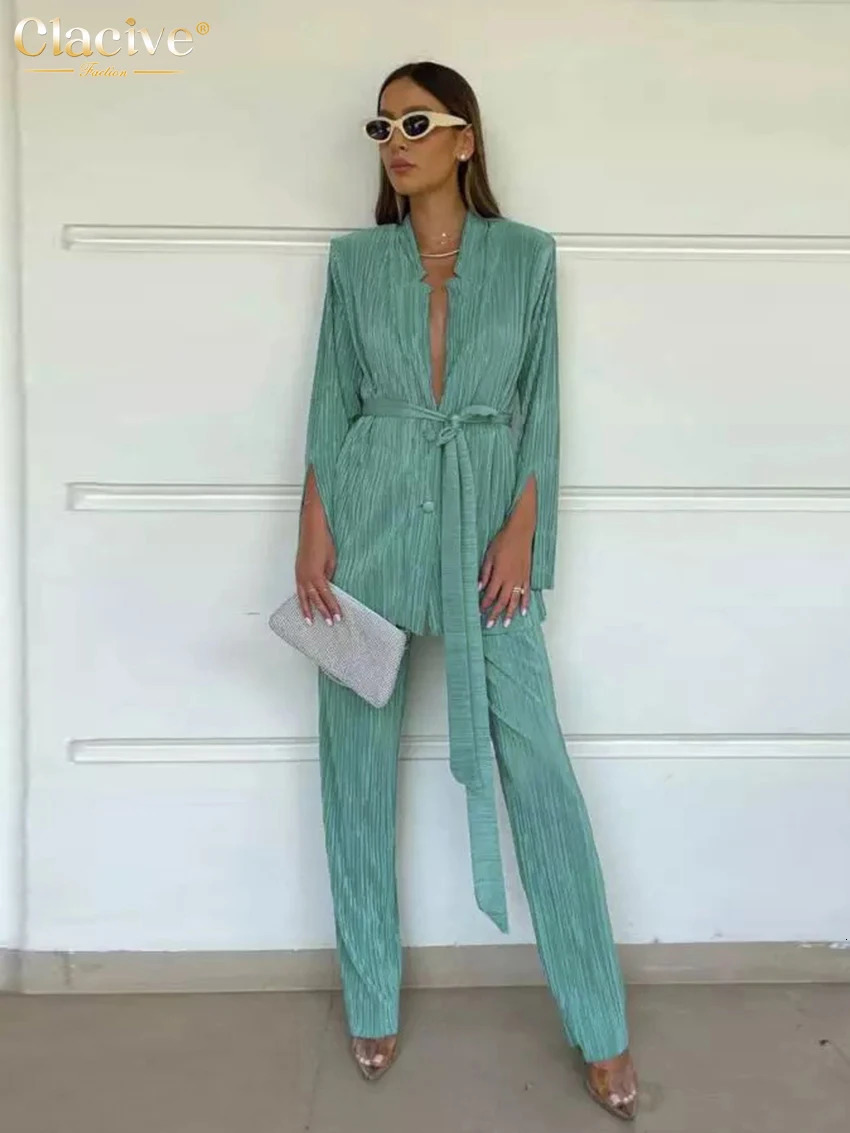 Clacive Autumn Green Pleated Pants Set Bodycon Slit Trosuer Suits Fashion Lace-Up Long Sleeve Blazer 2 Piece Sets Womens Outfits 231225