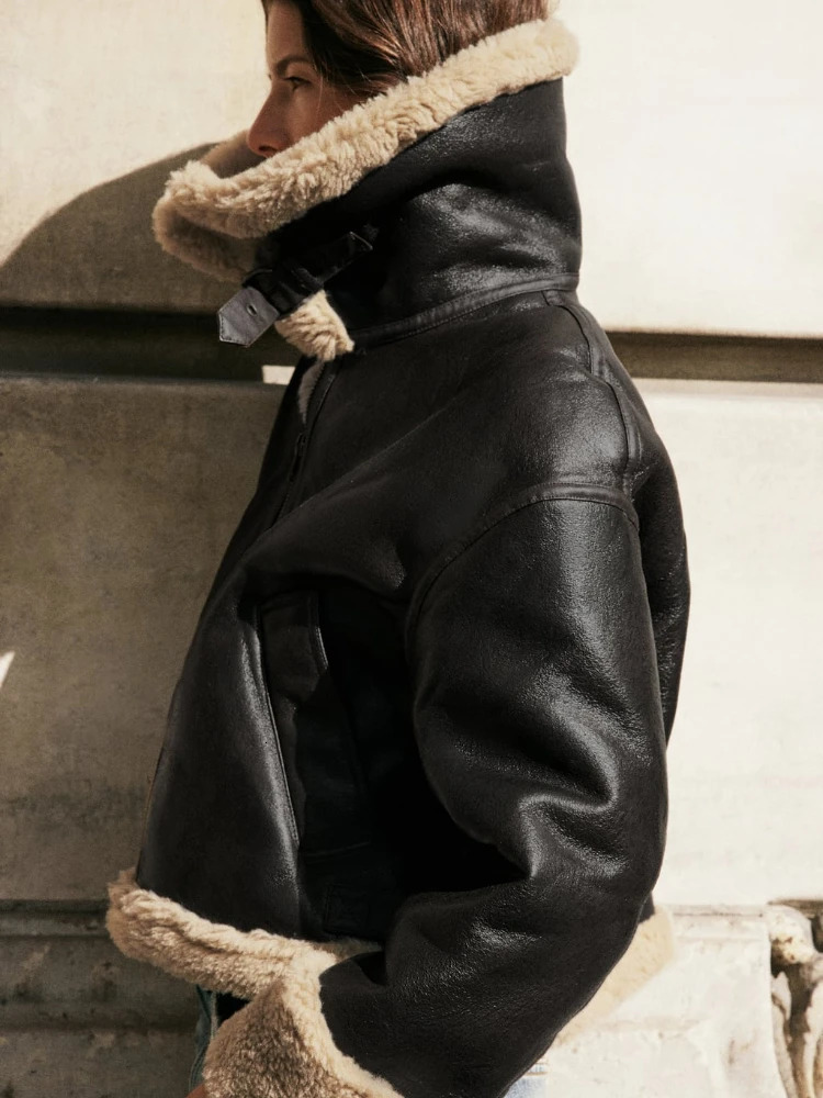 Women's Faux Leather Double-faced Biker Jacket Faux Fur Warm Lambswool Thicken Jacket Lapel Female Short Coat PU Outerwear 231226