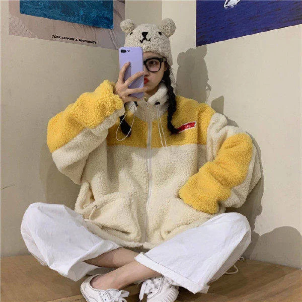 winter Women Hoodies Velvet Patchwork Zipup Long Sleeve Lambswool Oversized fleece coats Casual Korean Warm white sweatshirt 231225