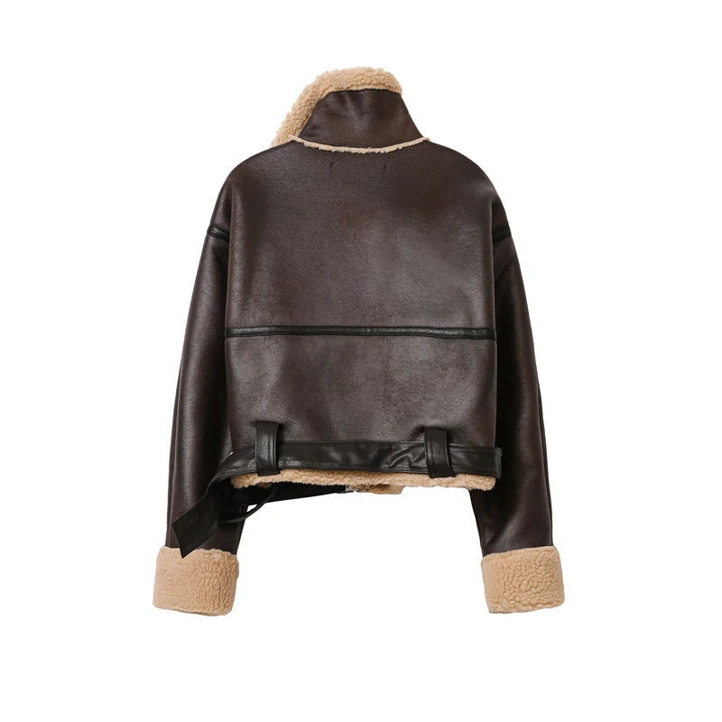 ZVRI Winter Jacket Women Thick Faux Leather Jacket Women Coat Warm Lamb Biker Coat Female Casual Belt Outwear Ladies 231226
