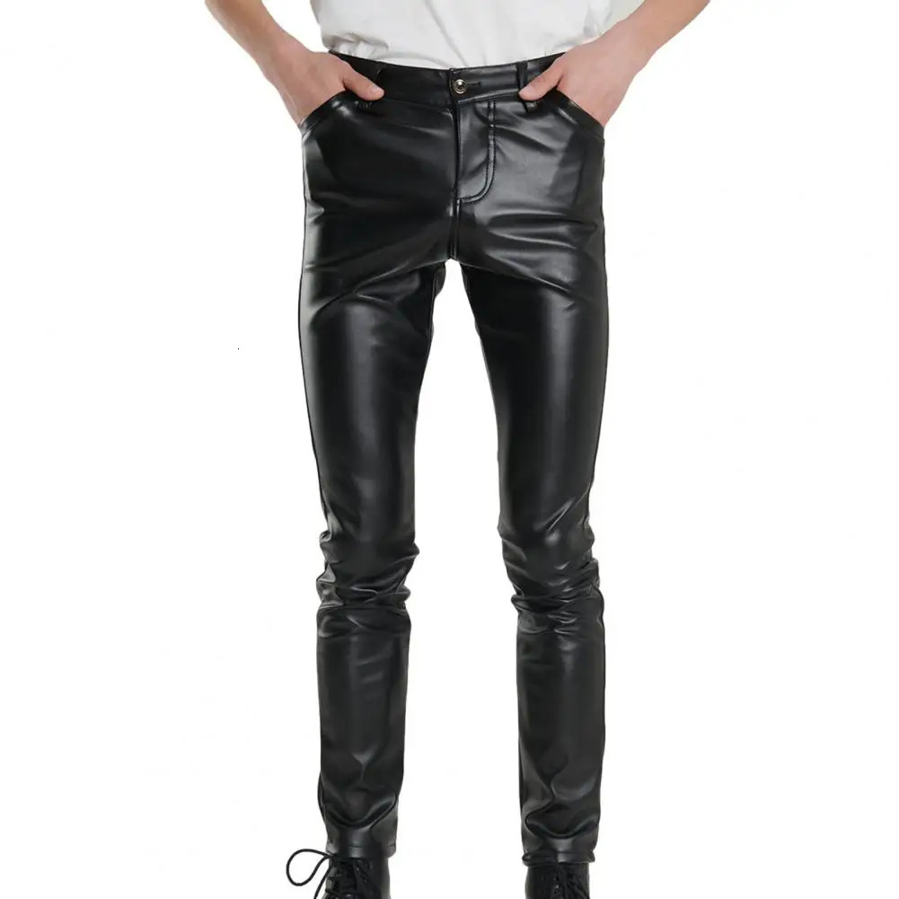Men Clubwear Trousers Stylish Men's Faux Leather Slim Fit Pants with Pockets Breathable Comfortable Mid Waist for Streetwear 231225