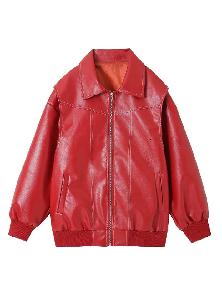Red Lapel Zipper Leather Jacket Women Autumn Winter Vintage Long Sleeve Patchwork Jackets Fashion Streetwear Pocket Coats 231226