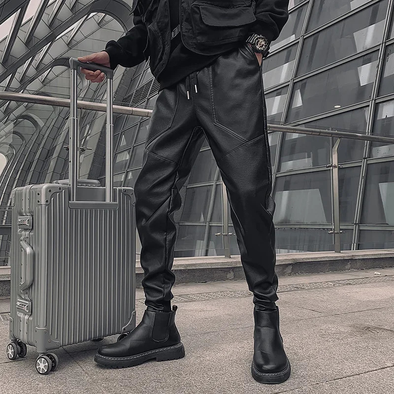 Men's Leather Pants Trend Fashion Thickened Warm Motorcycle Windproof Waterproof PU Black Trousers Harajuku Man Streetwear 231225