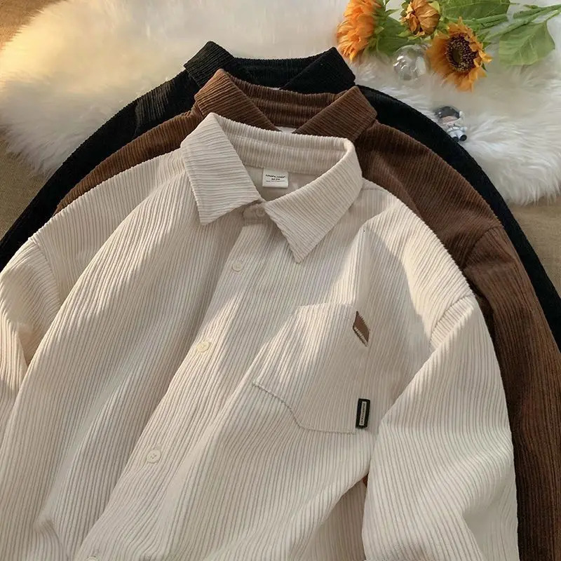 Corduroy Long Sleeve Polo Shirts for Men Fashion Retro Autumn and Winter Loose Harajuku Casual Shirt Coat Clothing 231225