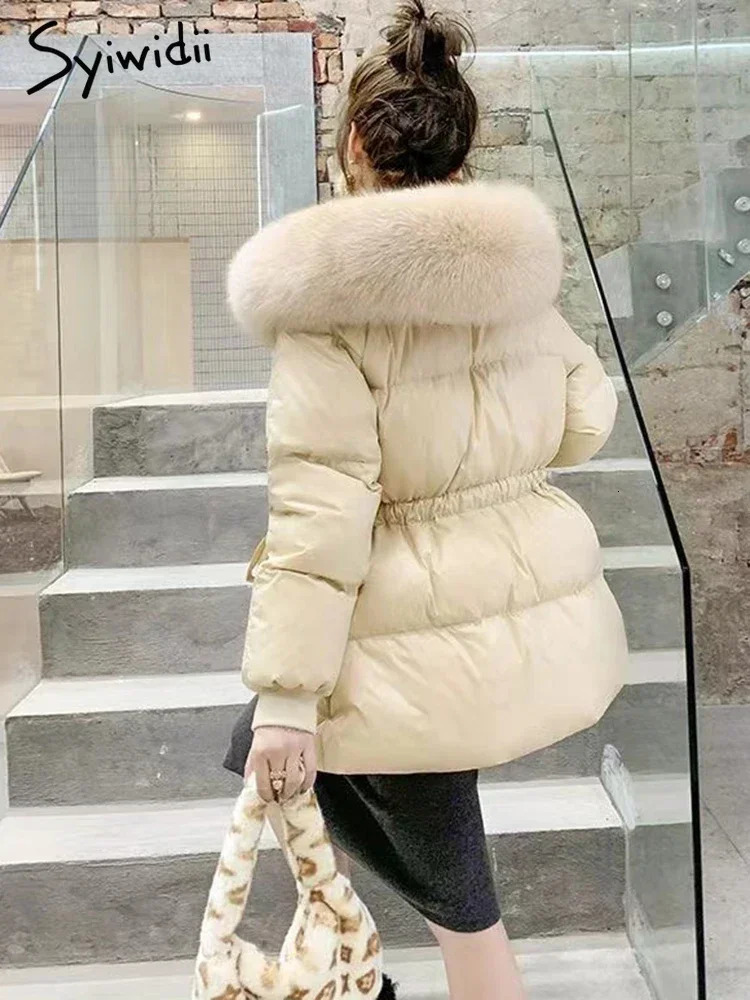 Syiwidii 90 Duck Down Jacket Women Hooded Coat Windproof Belted Thick Belted Fur Collar Solid Zippers Warm Fashion Clothing 231226