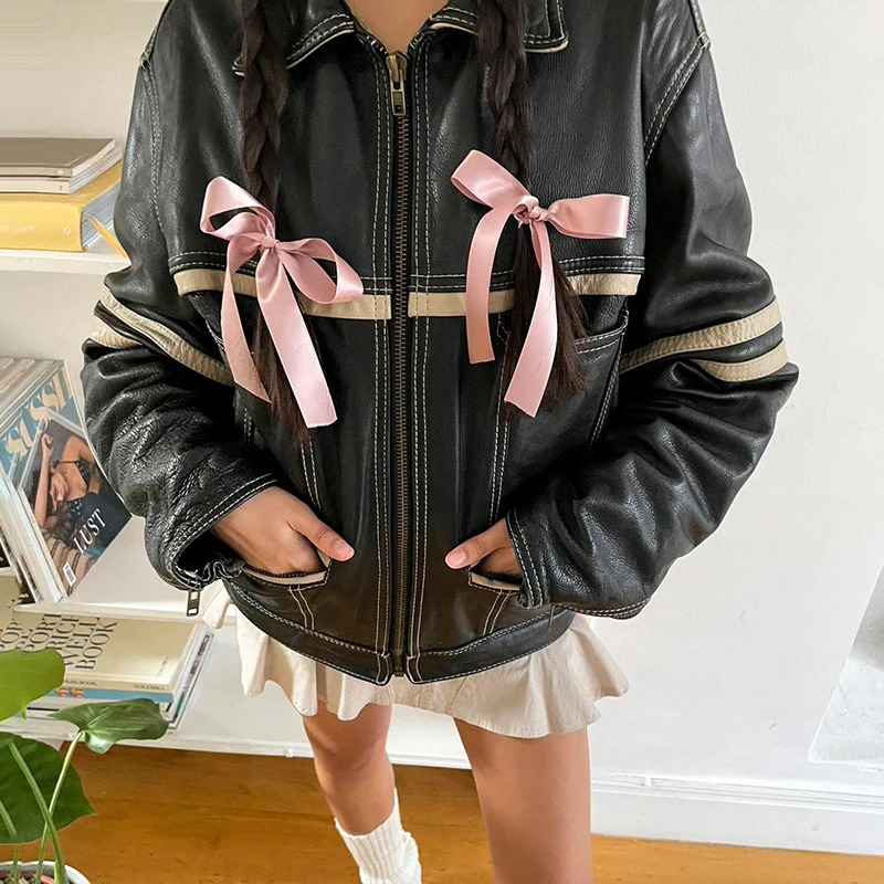CIBBAR Contrast Striped Vintage Leather Jacket Loose Long Sleeve Pockets PU Jackets Street Style Oversized Fall Winter Coat Lady 231226