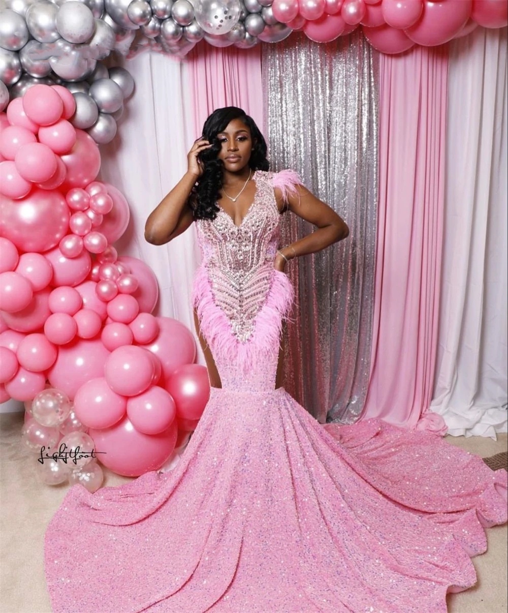 Luxury Pink Sequin Feather Mermaid Prom Dresses 2024 Black Girl Elegant Sparkly Beaded Plus Size Evening Occasion Gowns Vestidos De Novia