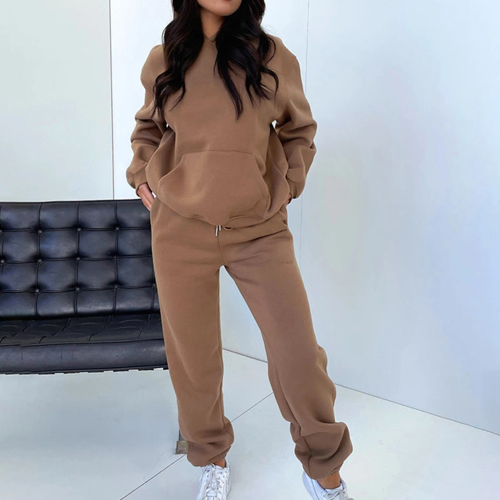 Women Long Sleeve Top Pants Solid Color Pockets 2 Pieces Lounge Set Drop Shoulder Hooded 2 Piece Pants Outfits Vacation Outfit 231225