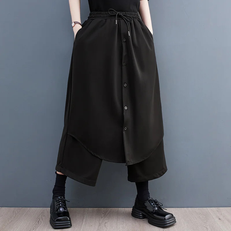 #2919 Black False Two Piece Wide Leg Pants Women Elastic Waisted Buttons Asymmetrical Straight Pants Female Loose Streetwear 231226