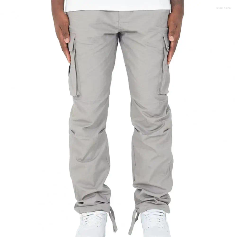 Men Cargo Pants Multi Pockets Elastic Waist Drawstring Solid Color Loose Soft Breathable Mid Waist Men Daily Long Trousers