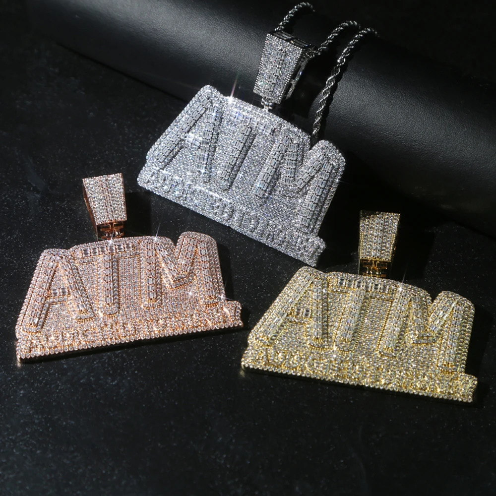 Iced Out Bling Letters ATM Addicted To Money Pendant Necklaces Silver Color Rectangle CZ Zircon Charm Men's Hip Hop Jewelry 231225
