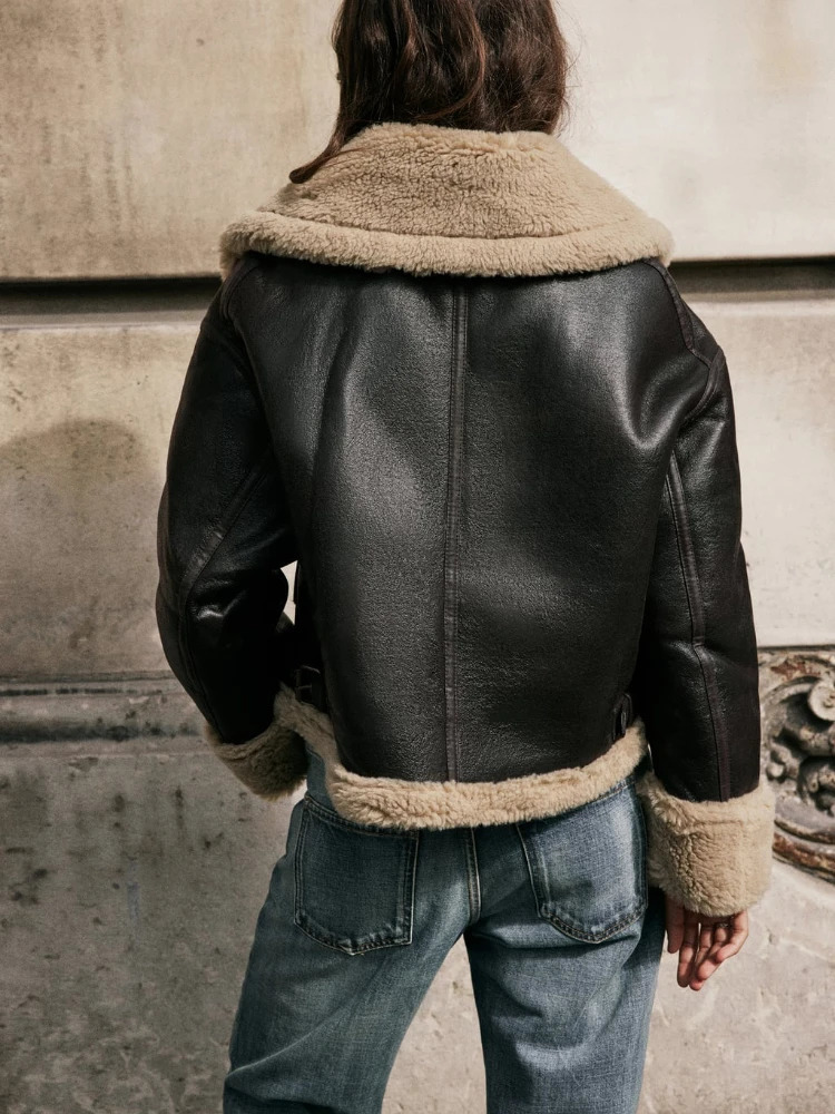 Women's Faux Leather Double-faced Biker Jacket Faux Fur Warm Lambswool Thicken Jacket Lapel Female Short Coat PU Outerwear 231226