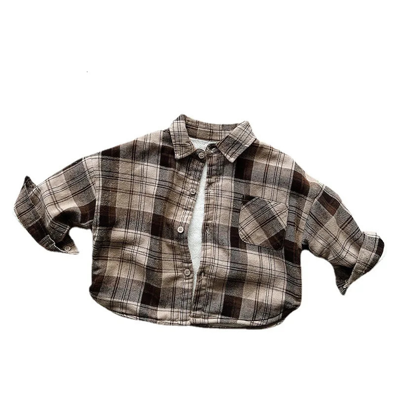 Korean Autumn Winter Young Kid Boys Shirts Cotton Velvet Long Sleeve Infant Boys Coat Retro Fleece Plaid Baby Boys Cardigan 231226