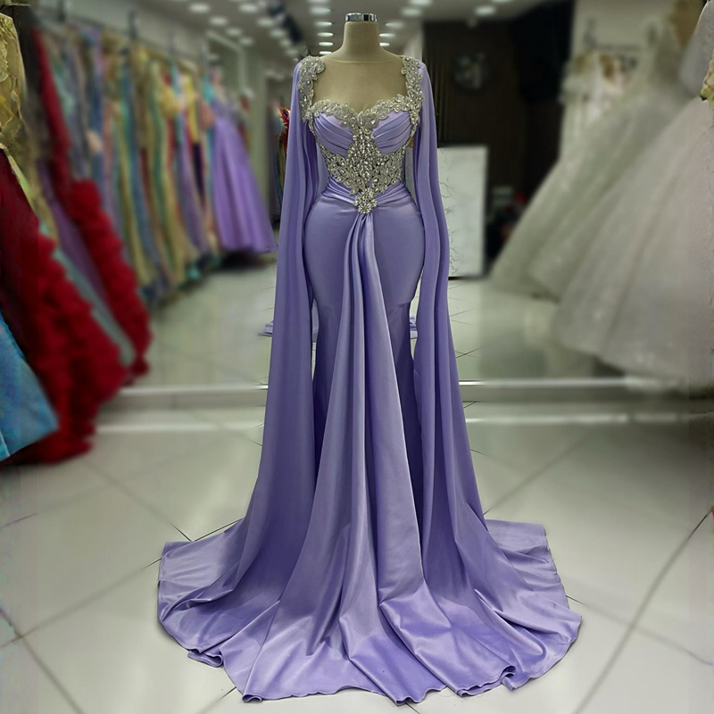 Lavender Elegant Evening Dresses Sheer Neck Mermaid Elastic Satin Crystals Prom Dresses for Special Occasions Promdress Second Reception Gowns Engagem