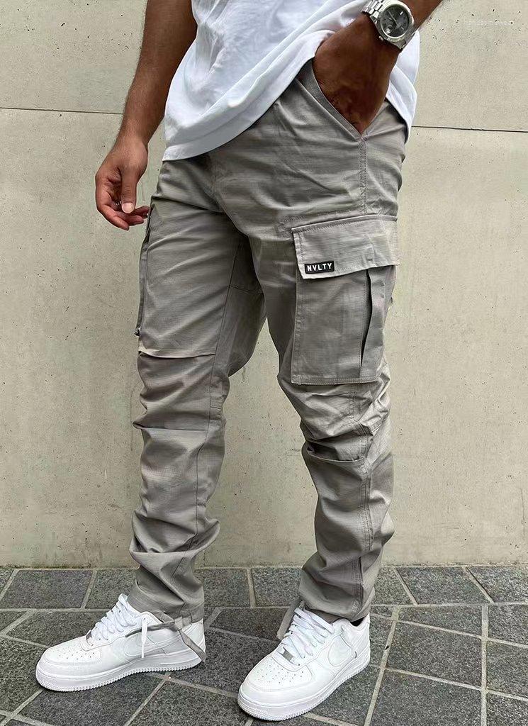 Men Cargo Pants Multi Pockets Elastic Waist Drawstring Solid Color Loose Soft Breathable Mid Waist Men Daily Long Trousers