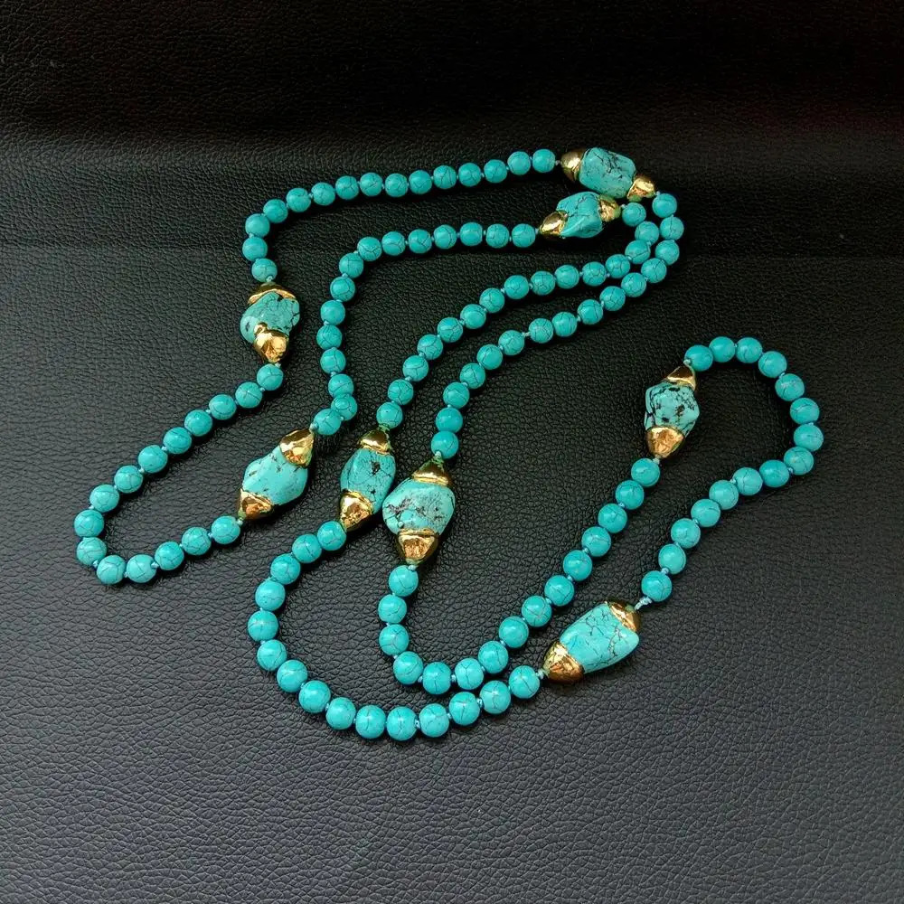 YYGEM 52'' 8MM Blue Turquoise Round Yellow Gold Plated Freeform Turquoise long sweater chain Necklace 231225