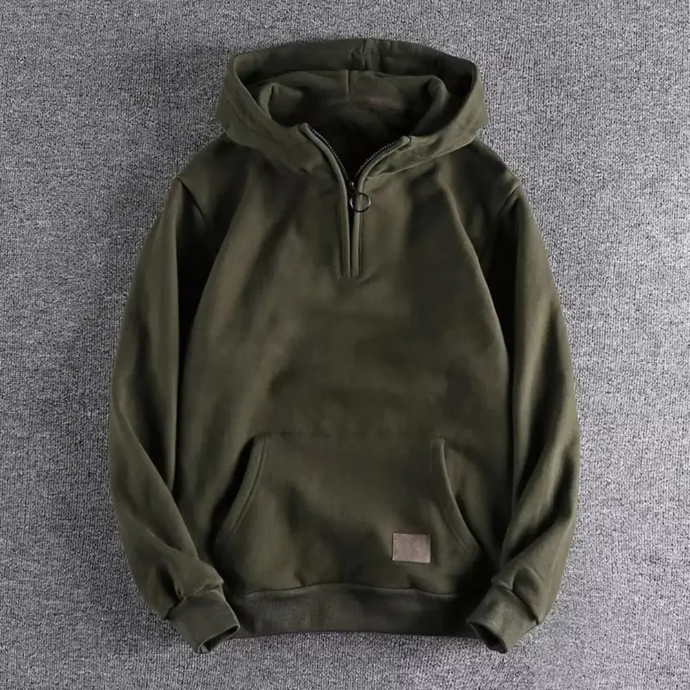 Men Sweatshirt Hooded Zipup Thickened Hoodies Winter Solid Color Fashion Warm Hoodie With Zipper Decor Elastic Cuff Big Pocket 231225