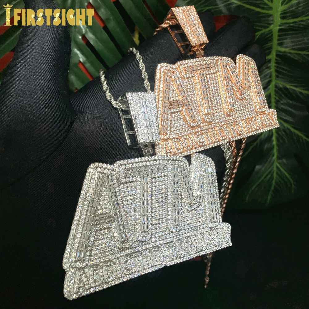 Iced Out Bling Letters ATM Addicted To Money Pendant Necklaces Silver Color Rectangle CZ Zircon Charm Men's Hip Hop Jewelry 231225