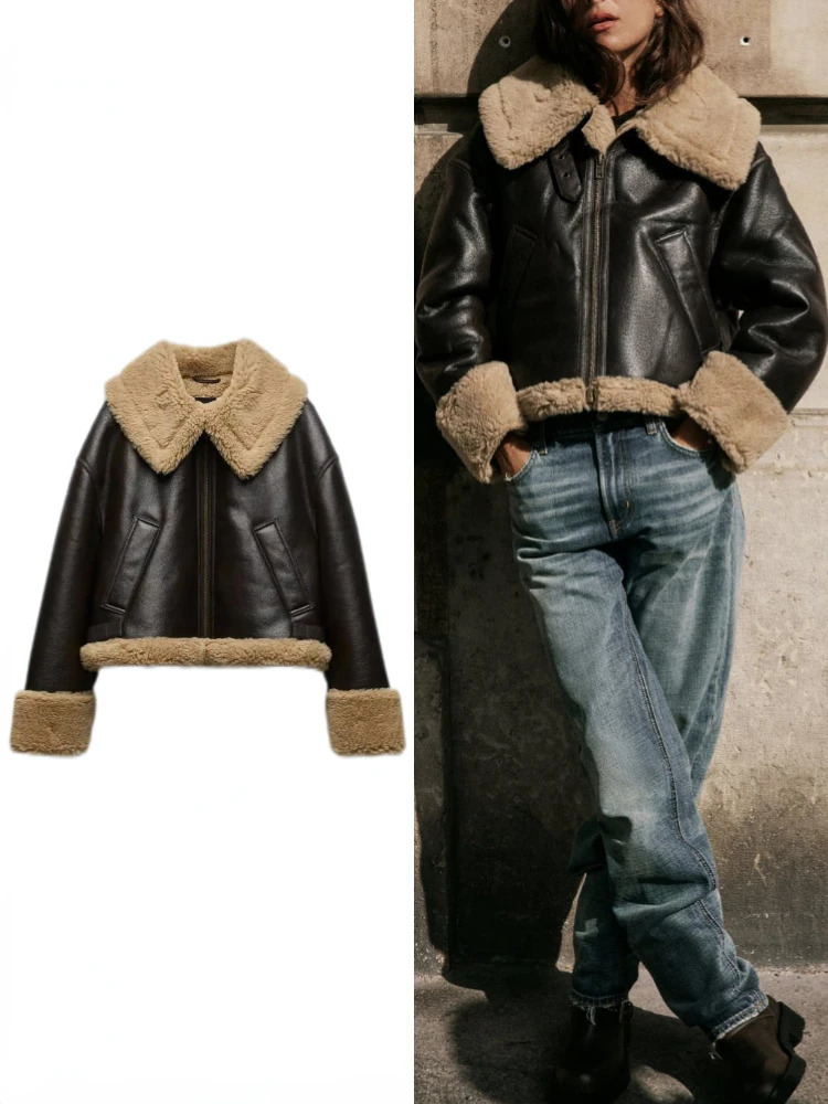 Women's Faux Leather Double-faced Biker Jacket Faux Fur Warm Lambswool Thicken Jacket Lapel Female Short Coat PU Outerwear 231226