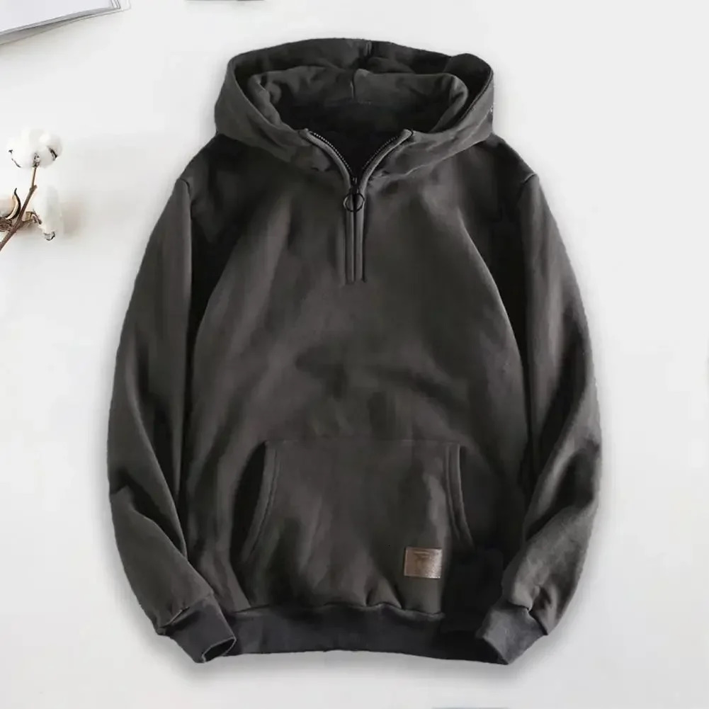 Men Sweatshirt Hooded Zipup Thickened Hoodies Winter Solid Color Fashion Warm Hoodie With Zipper Decor Elastic Cuff Big Pocket 231225