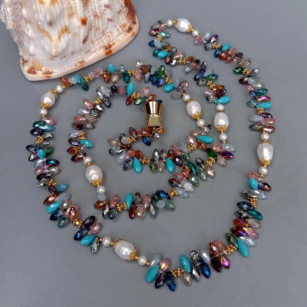 YYGEM Natural Cultured Freshwater White Rice Pearl Multi Color Top-Drilled Teardrop Crystal Long Necklace 49" 231225