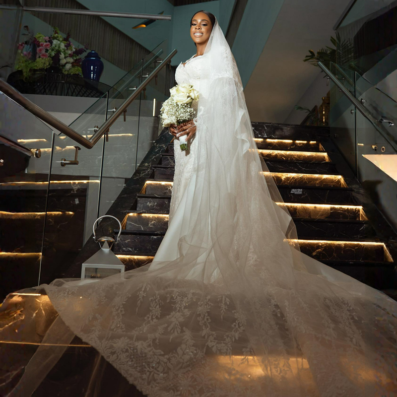 R&W Illusion Trumpet Wedding Dress Bride Elegant Long Sleeves Mermaid Bridal Gowns with Detachable Train for African Arabic Black Women Gorgeous Marri