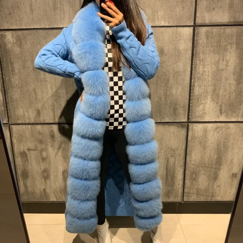 s Autumn Winter Women Sweater Long Knitted Cardigans Lady Knitwear Real Fur Coat Detachable Fashion Streetwear 231225