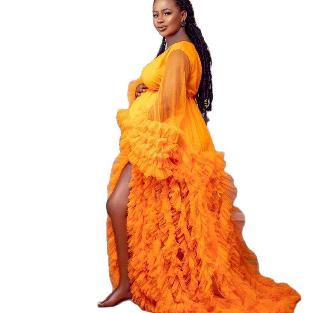 2024 Prom Dresses Ruffles Yellow Tulle Kimono Women Robe for Photoshoot V Neck Evening Gowns African Cape Cloak Maternity Dress Photography Babyshower