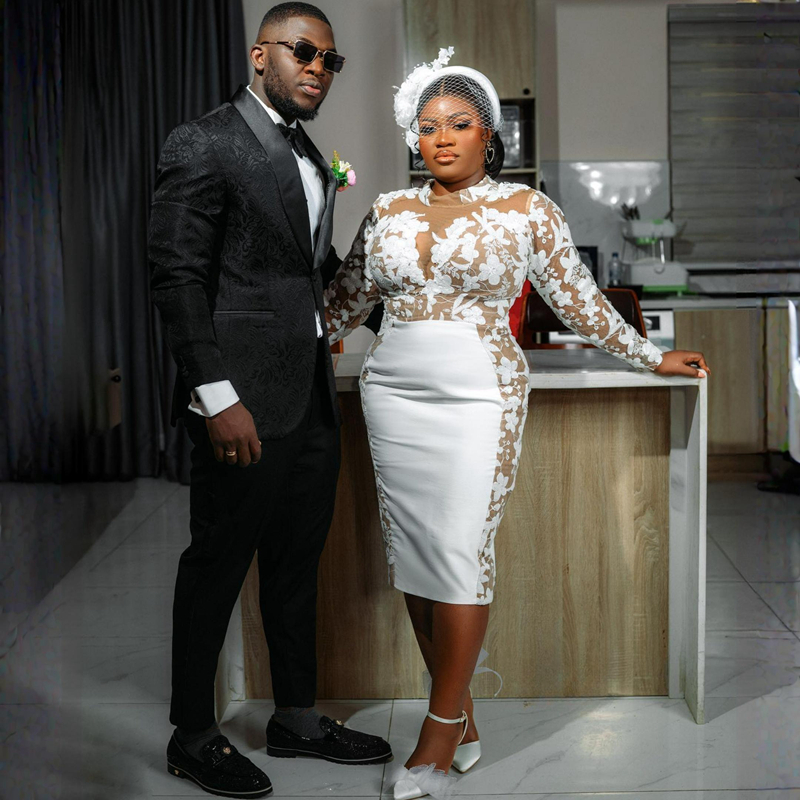 R&W Plus Size Illusion Trumpet Wedding Bride Tea Length Mermaid Long Sleeves Elegant Bridal Dress African Arabic Tulle Short Gown for Marriage Black W