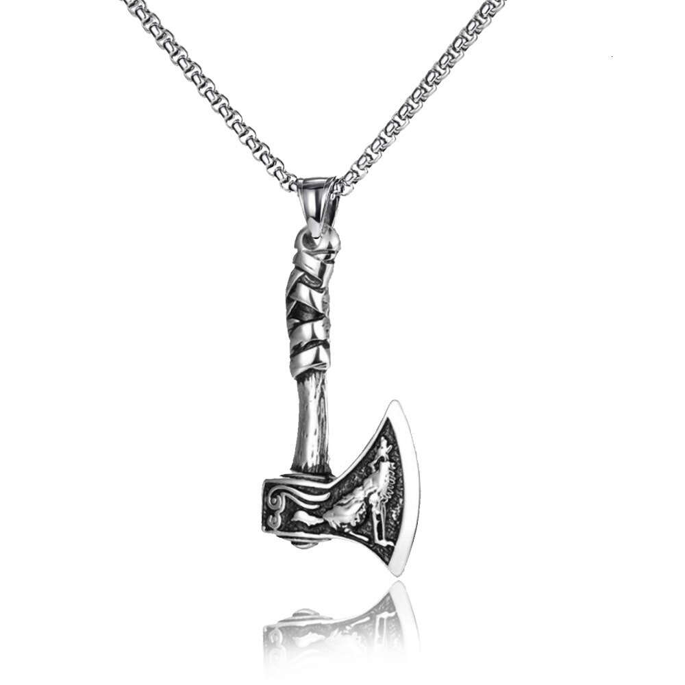 Celtic Wolf Crow Double Sided Axe Pendant Men's Necklace Stainless Steel Chain Hip Hop Viking Pirate Punk Rock Gothic Rapper jewelry Wholesale Bi