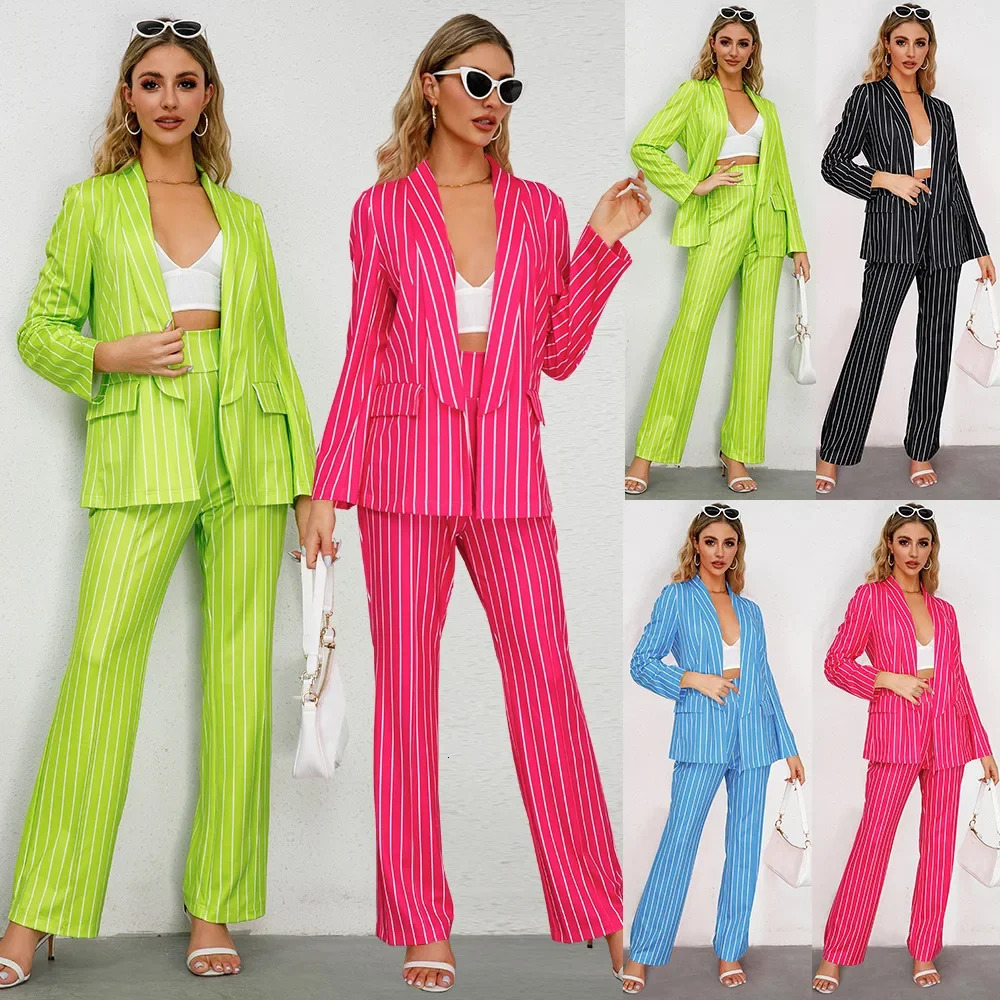 Women Two Piece Set Autumn Winter Stripe Casual Jacket Blazer Suit Office Wear Elegant Long Straight Wide Leg Pants Suit 231226