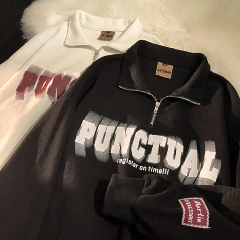 Men Sweatshirts Casual Printed Half Zip Chic Pullover Tops Vintage Long Sleeve Turndown Collar Streetwear Sweats 231225