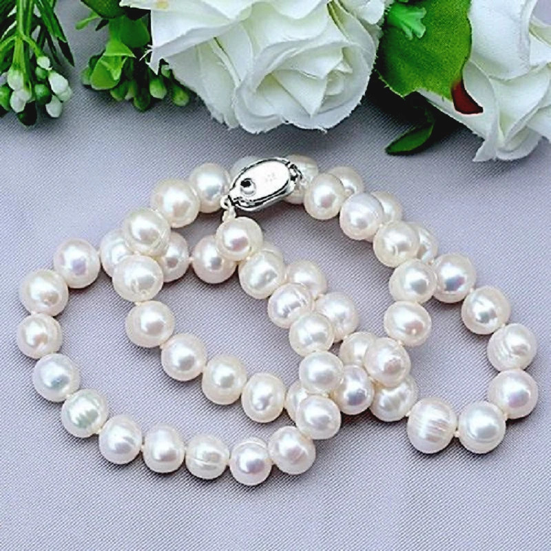 Natural Pearl Necklaces 9-10mm Freshwater Pearl Jewelry 925 Sterling Silver Necklace For Women Engagement Gift 231225