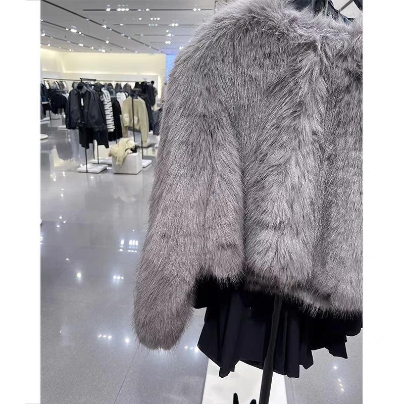 Spring Women's Cardigan Jacket Round Neck Pocket Fur Coat Solid Loose Suede Jacket Streetwear Vintag Outerwear 231226